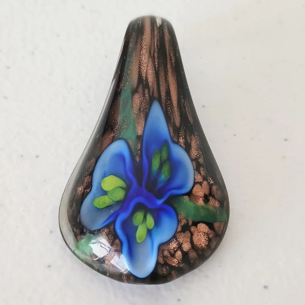 Lampwork Glass Teardrop Spoon Pendant Blue Lily Flower Gold Black